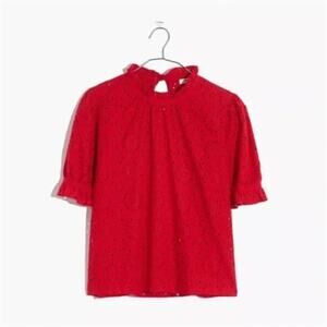 Madewell Embroidered Eyelet Ruffle-Neck Keyhole Top